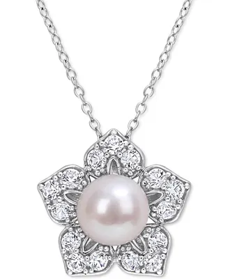 Cultured Freshwater Pearl (8-1/2mm) & Lab-Grown White Sapphire (1-1/3 ct. t.w.) Flower 18" Pendant Necklace in Sterling Silver
