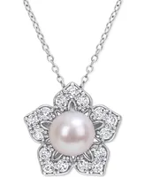 Cultured Freshwater Pearl (8-1/2mm) & Lab-Grown White Sapphire (1-1/3 ct. t.w.) Flower 18" Pendant Necklace in Sterling Silver