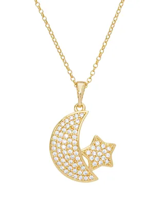 Cubic Zirconia Star and Moon Pendant 18" Gold Plate Necklace