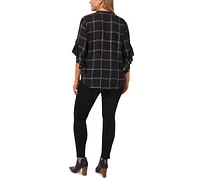 Vince Camuto Plus Plaid Flutter Sleeve Henley Blouse