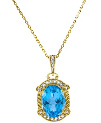 Swiss Blue Topaz (2-3/4 ct. t.w.) & Diamond (1/8 ct. t.w.) Oval 18" Pendant Necklace in 18k Gold-Plated Sterling Silver