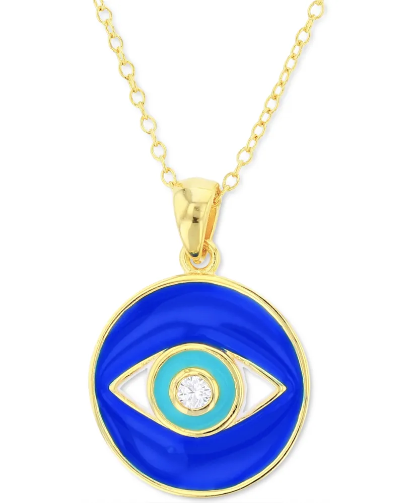 Cubic Zirconia & Enamel Evil Eye Disc Pendant Necklace in 14k Gold-Plated Sterling Silver, 16" + 2" extender