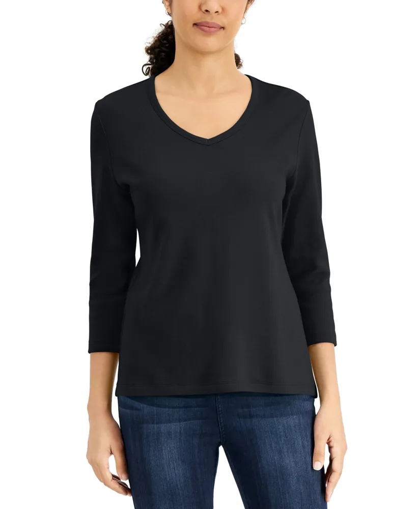 Karen Scott V-Neck 3/4-Sleeve Top, Created for Macy's