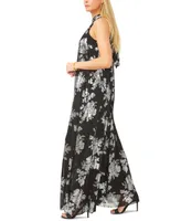 Msk Metallic Floral-Print Halter Wide-Leg Jumpsuit