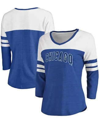 Women's Heathered Royal, White Chicago Cubs Official Wordmark 3/4 Sleeve V-Neck T-shirt