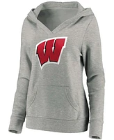 Women's Heathered Gray Wisconsin Badgers Primary Logo V-Neck Pullover Hoodie