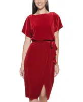 kensie Stretch-Velvet Boatneck Tie-Waist Sheath Dress