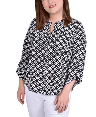 Ny Collection Plus 3/4 Sleeve Roll Tab Y Neck Blouse
