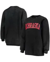 Women's Black Nebraska Huskers Comfy Cord Vintage-Like Wash Basic Arch Pullover Sweatshirt