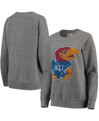 Women's Heathered Gray Kansas Jayhawks Big Team Logo Knobi Fleece Tri-Blend Crew Neck Sweatshirt