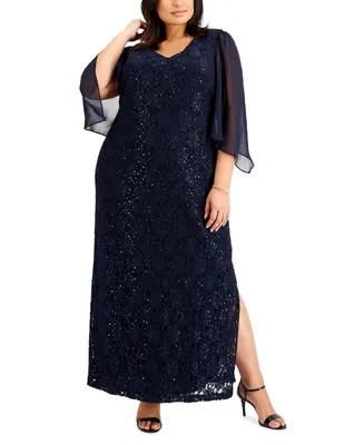 Connected Plus Sheer-Sleeve Lace Gown