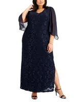 Connected Plus Sheer-Sleeve Lace Gown