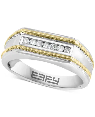 Effy Men's Diamond Rope-Accented Ring (1/8 ct. t.w.) in Sterling Silver & 18k Gold-Plate