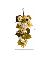 33" Fall Sunflower, Hydrangea and White Pumpkin Artificial Autumn Teardrop