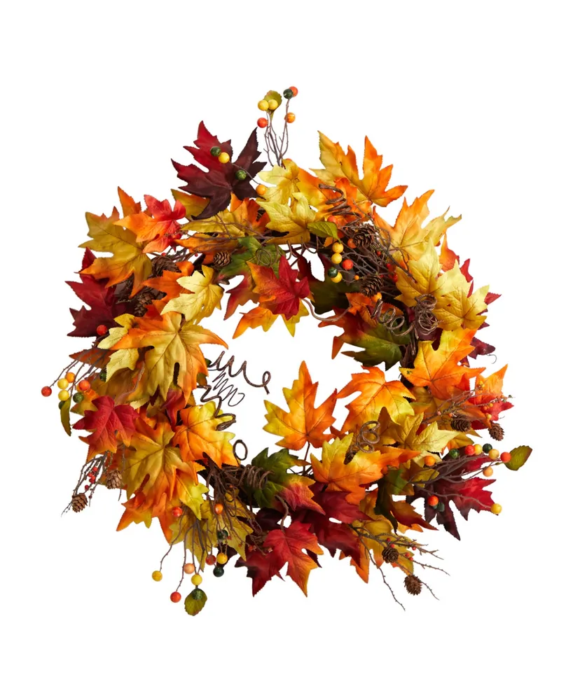 24" Autumn Maple Leaf and Berries Artificial Fall Wreath with Twig Base