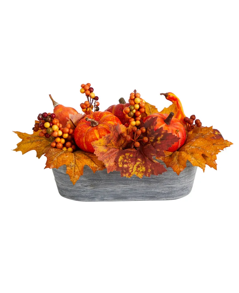 12" Fall Pumpkin and Berries Autumn Harvest Artificial Arrangement in Washed Vase