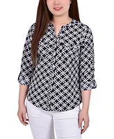 Women's 3/4 Roll Tab Sleeve Mandarin Collar Blouse