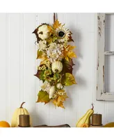 33" Fall Sunflower, Hydrangea and White Pumpkin Artificial Autumn Teardrop