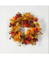 24" Autumn Maple Leaf and Berries Artificial Fall Wreath with Twig Base