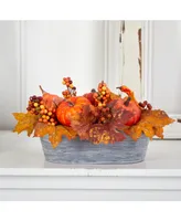 12" Fall Pumpkin and Berries Autumn Harvest Artificial Arrangement in Washed Vase