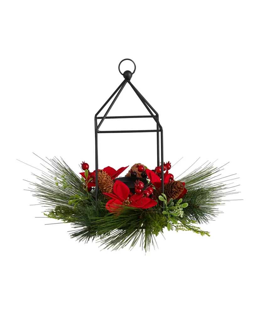 Christmas Poinsettia, Berry and Pinecone Metal Candle Holder Christmas Artificial Table Arrangement, 14"