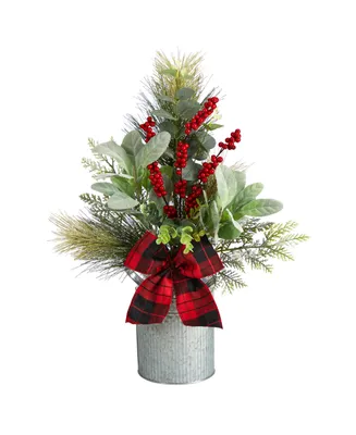 Holiday Winter Greenery, Pinecone and Berries with Buffalo Plaid Bow Artificial Christmas Table Arrangement, 20"