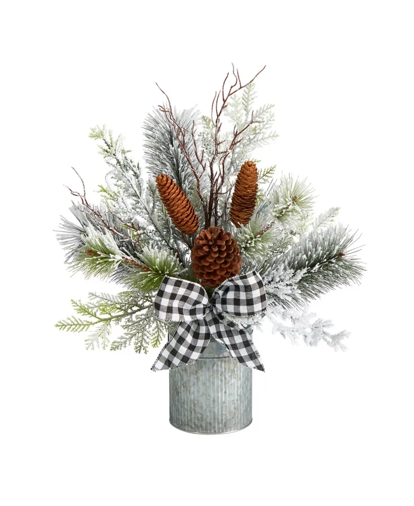 28” Holiday Winter Greenery, Berries and Plaid Bow Artificial Christmas  Arrangement Home Décor