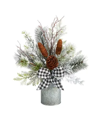 Holiday Winter Greenery with Pinecones and Gingham Plaid Bow Table Artificial Christmas Arrangement, 20"