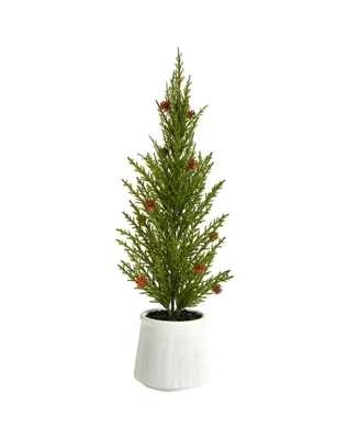 Cedar Pine Natural Look Artificial Tree with Mini Pine Cones in Decorative Planter, 20"