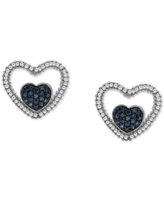 Blue Diamond (1/3 ct. t.w.) & White Diamond (1/6 ct. t.w.) Double Heart Stud Earrings in Sterling Silver