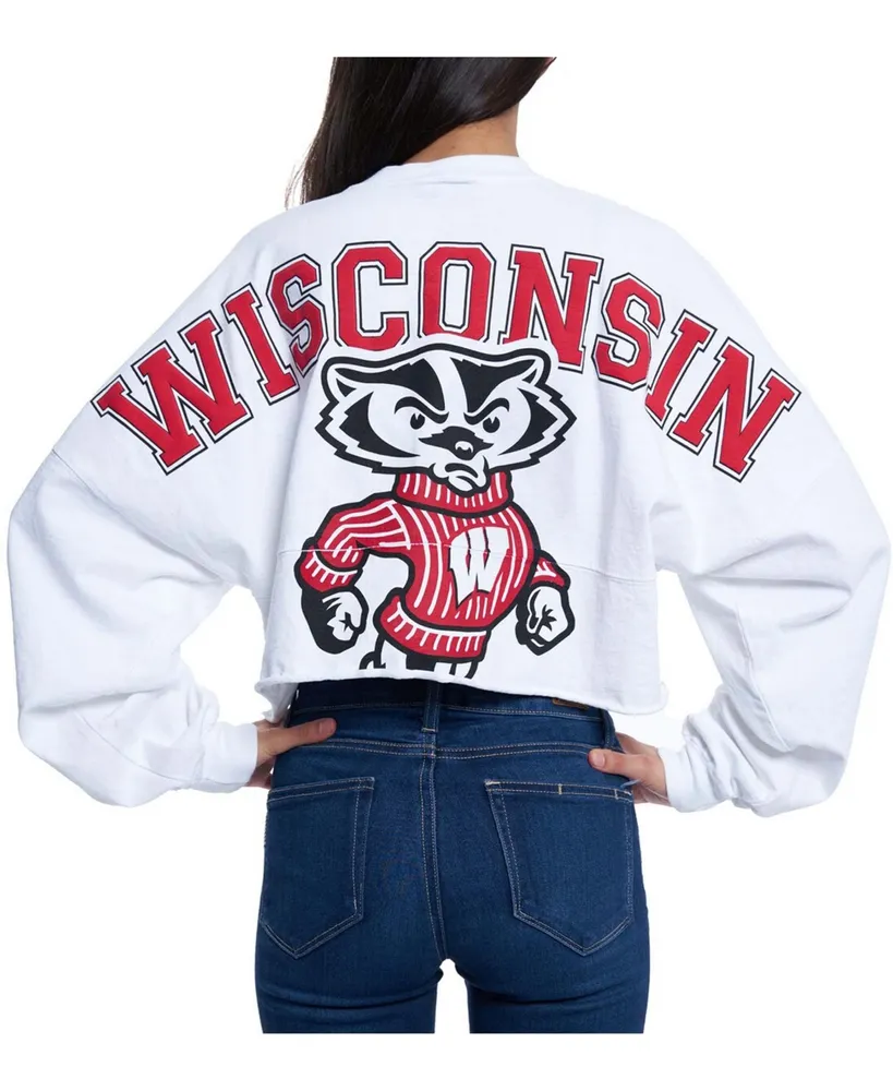 Women's White Wisconsin Badgers Raw Hem Cropped Long Sleeve T-shirt