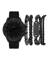 American Exchange Men's Quartz Dial Black Fabric Strap Watch and Assorted Black Stackable Bracelets Gift Set, Set of 5