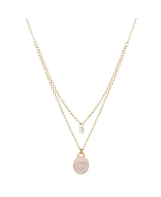 Unwritten 14Kt Gold Flash Plated Cubic Zirconia Pink Enamel Heart Layered Pendant Necklace