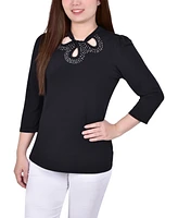 Petite 3/4 Sleeve Knit Crepe Studded Keyhole Top