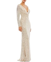 Mac Duggal Women's Ieena Sequined Faux Wrap Long Sleeve Column Gown