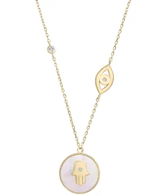 Mother-of-Pearl (10mm) & Cubic Zirconia Hamsa Hand Evil Eye Pendant Necklace 14k Gold-Plated Sterling Silver, 16" + 2" extender