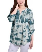 Ny Collection Petite Knit Jacquard 3/4 Sleeve Roll Tab Pintuck Top