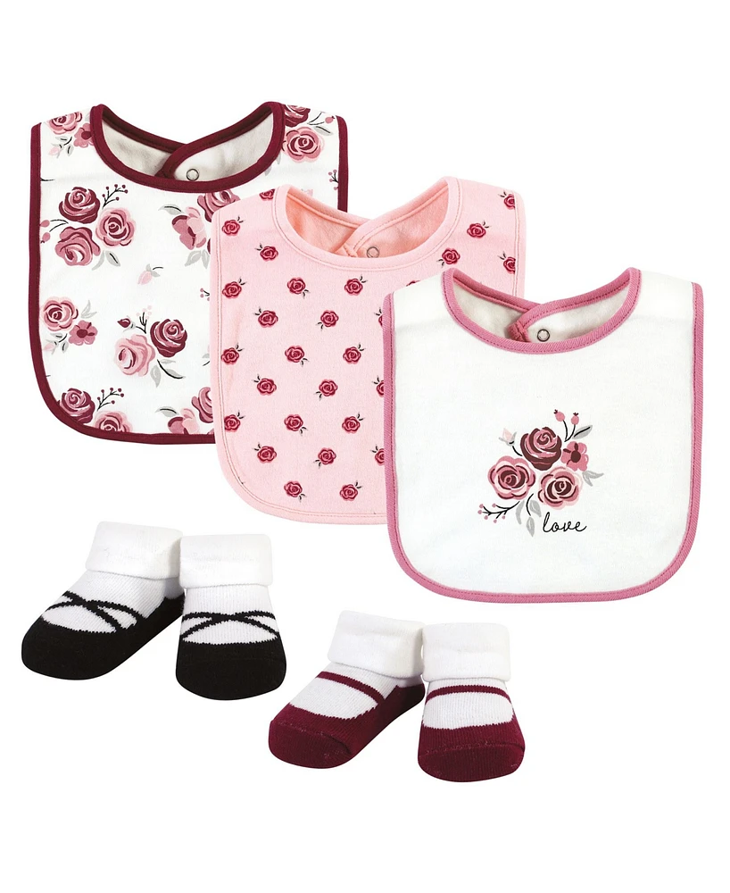 Hudson Baby Infant Girl Cotton Bib and Sock Set, Rose, One Size