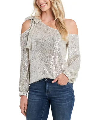 CeCe Women's Long Sleeve Sequin Bow Detail One-Shoulder Top