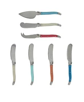 French Home Laguiole Coral and Turquoise Cheese Knife and Spreader Set, 7 Piece.