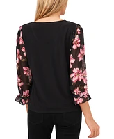 CeCe Women's 3/4-Floral Sleeve V-Neck Blouse