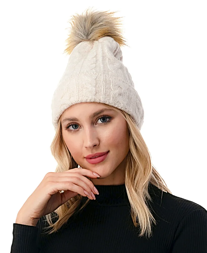 Marcus Adler Women's Cable Knit Faux Fur Pom Beanie