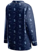 Women's Deep Sea Blue Seattle Kraken Long Sleeve Button-Up Shirt and Pants Sleep Set