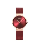 Bering Women's Classic Red Stainess Steel Milanese Mesh Bracelet Watch 31mm and Rose Gold-Tone Crystal Accent Bead Bracelet Gift Box Set