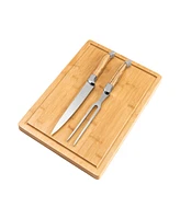 French Home 2 Piece Connoisseur Laguiole Olive Wood Carving Knife and Fork and Bamboo Cutting Board with Moat