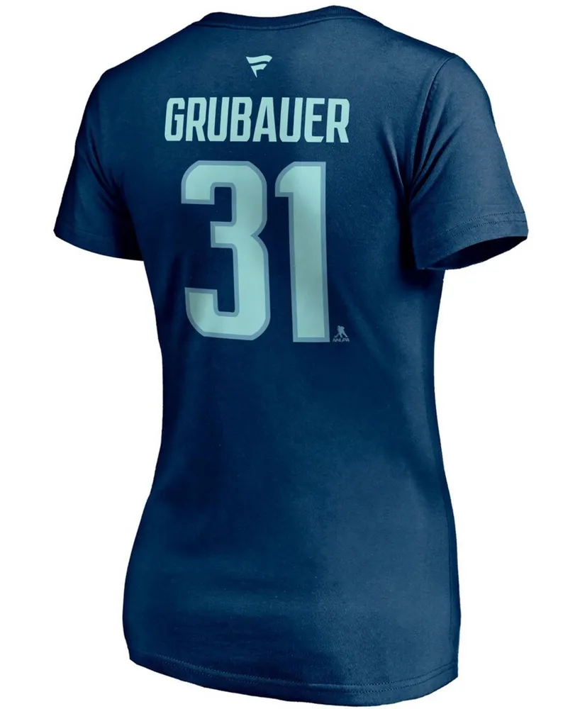 Women's Philipp Grubauer Deep Sea Blue Seattle Kraken Authentic Stack Name and Number V-Neck T-shirt