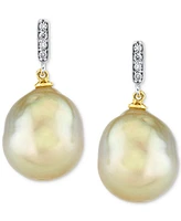 Cultured Golden South Sea Baroque Pearl (11mm) & Diamond Accent Drop Earrings in 10k Gold