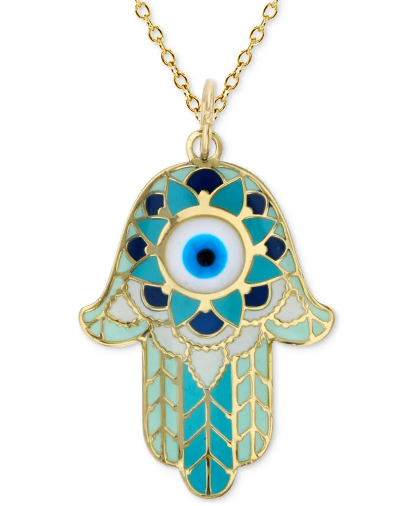 Enamel Evil Eye Hamsa Hand 18" Pendant Necklace in 14k Gold