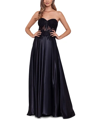 Blondie Nites Juniors' Illusion Applique Charmeuse Gown, Created for Macy's