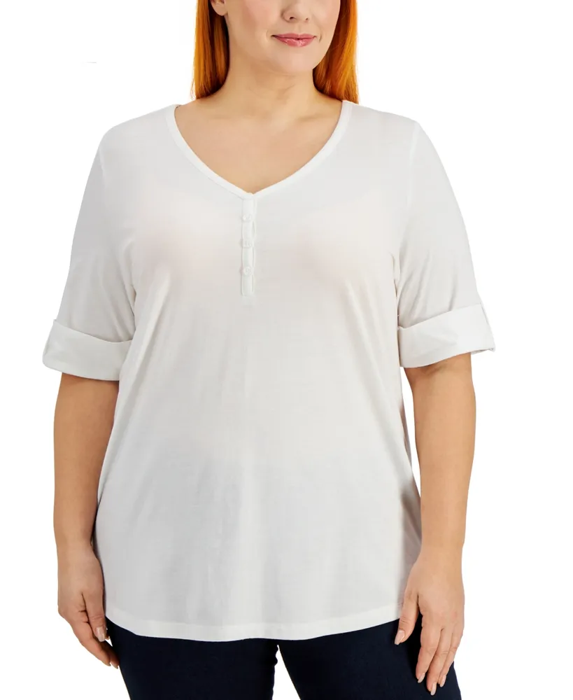 Karen Scott Petite 3/4-Sleeve Henley Shirt, Created for Macy's